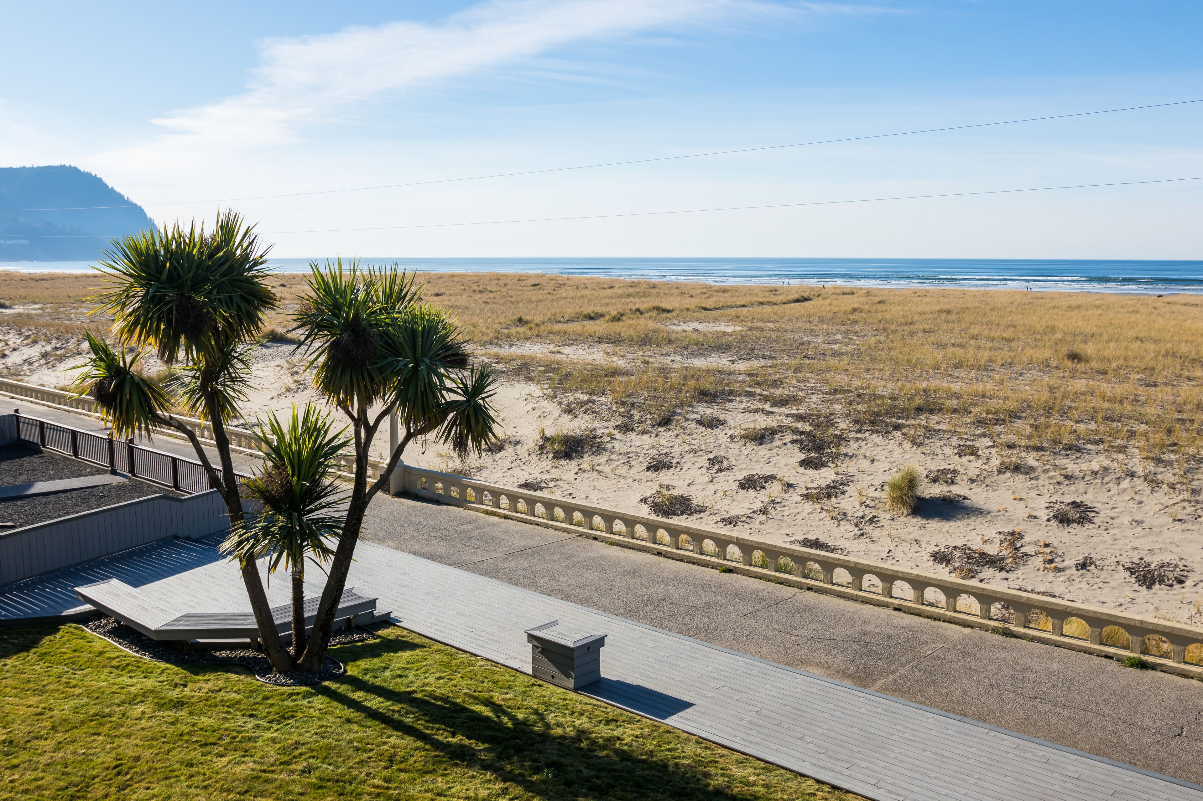 A beachside walkway with palm trees, a sandy beach, and a view of the ocean.