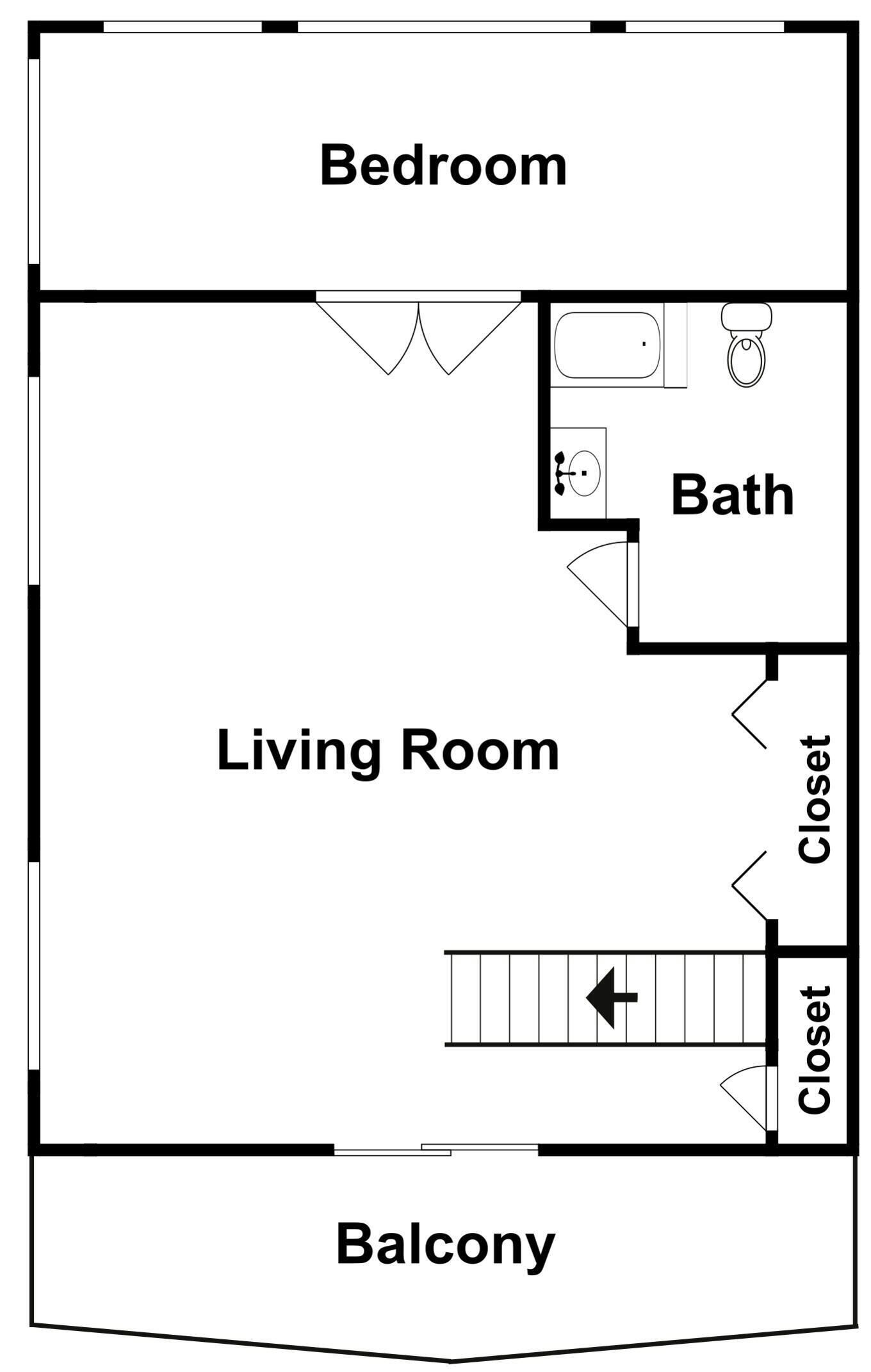 A floor plan with a bedroom, living room, bathroom, and balcony.