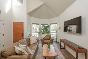 TV, fireplace, books, offices