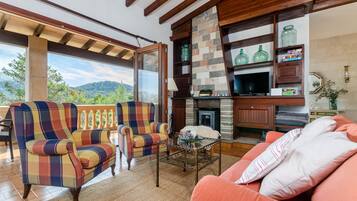 Télévision, cheminée, livres