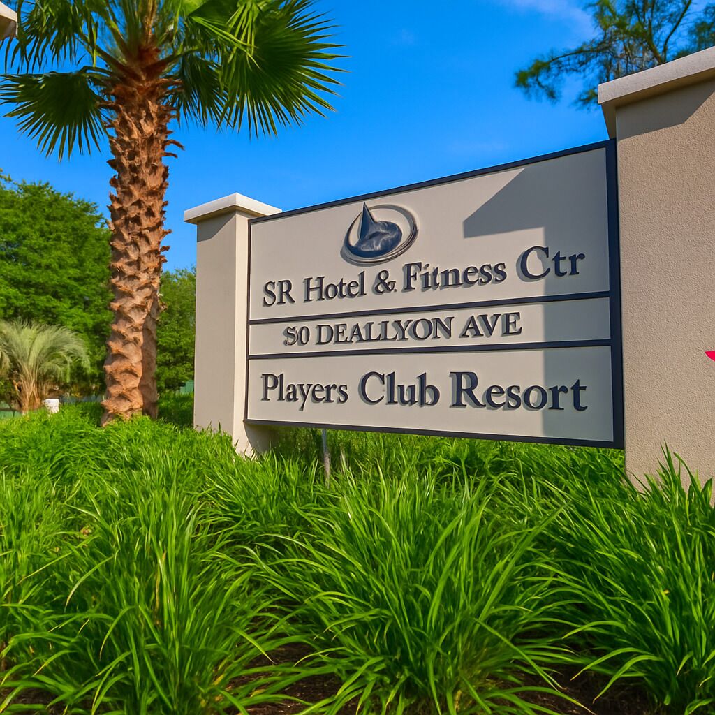 A sign for SR Hotel & Fitness Center at 50 Dealyon Ave, Players Club Resort.