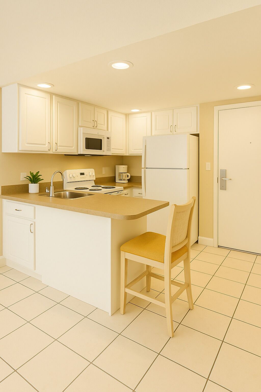 A kitchen with white cabinets, a microwave, a stove, a refrigerator, a sink, a coffee maker, and a chair.