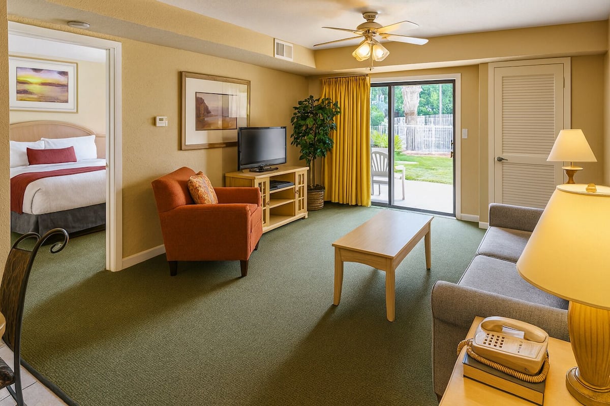 Una habitación de hotel con cama, sofá, televisión, mesa de centro, lámpara y teléfono.