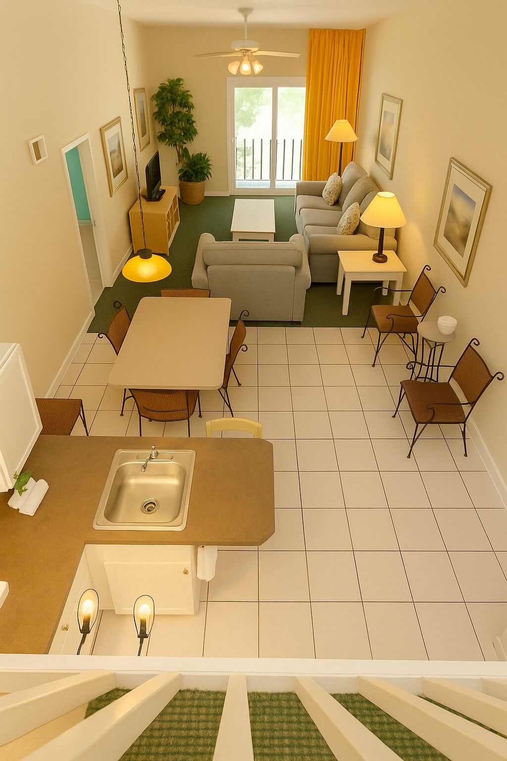 Een ruime woonkamer met een bank, eettafel en stoelen, een keuken met een spoelbak, en een balkon met uitzicht.