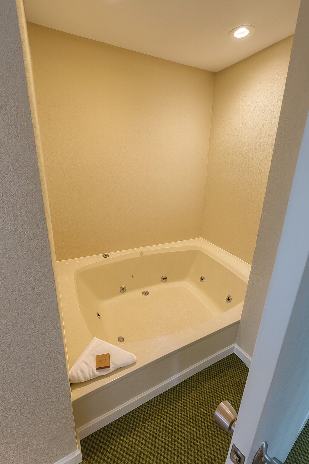 Une salle de bain avec une baignoire, une serviette et un porte-savon.