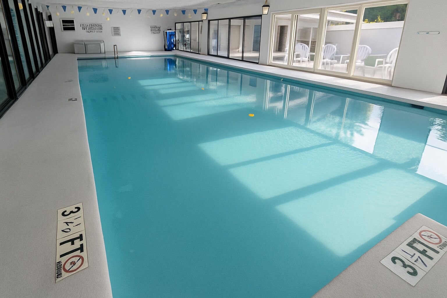 Una piscina interior con agua cristalina, carriles delimitados y vistas al exterior.