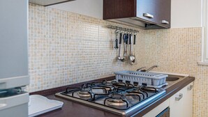 Una cocina con estufa a gas, un lavamanos y un escurreplatos.