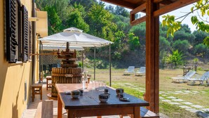 A wooden table with a white umbrella, surrounded by chairs and a rustic wooden press. - 5 bedroom lovely home in Roseto degli Abruzzi (Roseto degli Abruzzi)