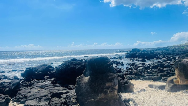 A rocky coastline with waves crashing against the shore under a clear sky. - Spacious Private Villa With Roof top bar (Flic-en-Flac)