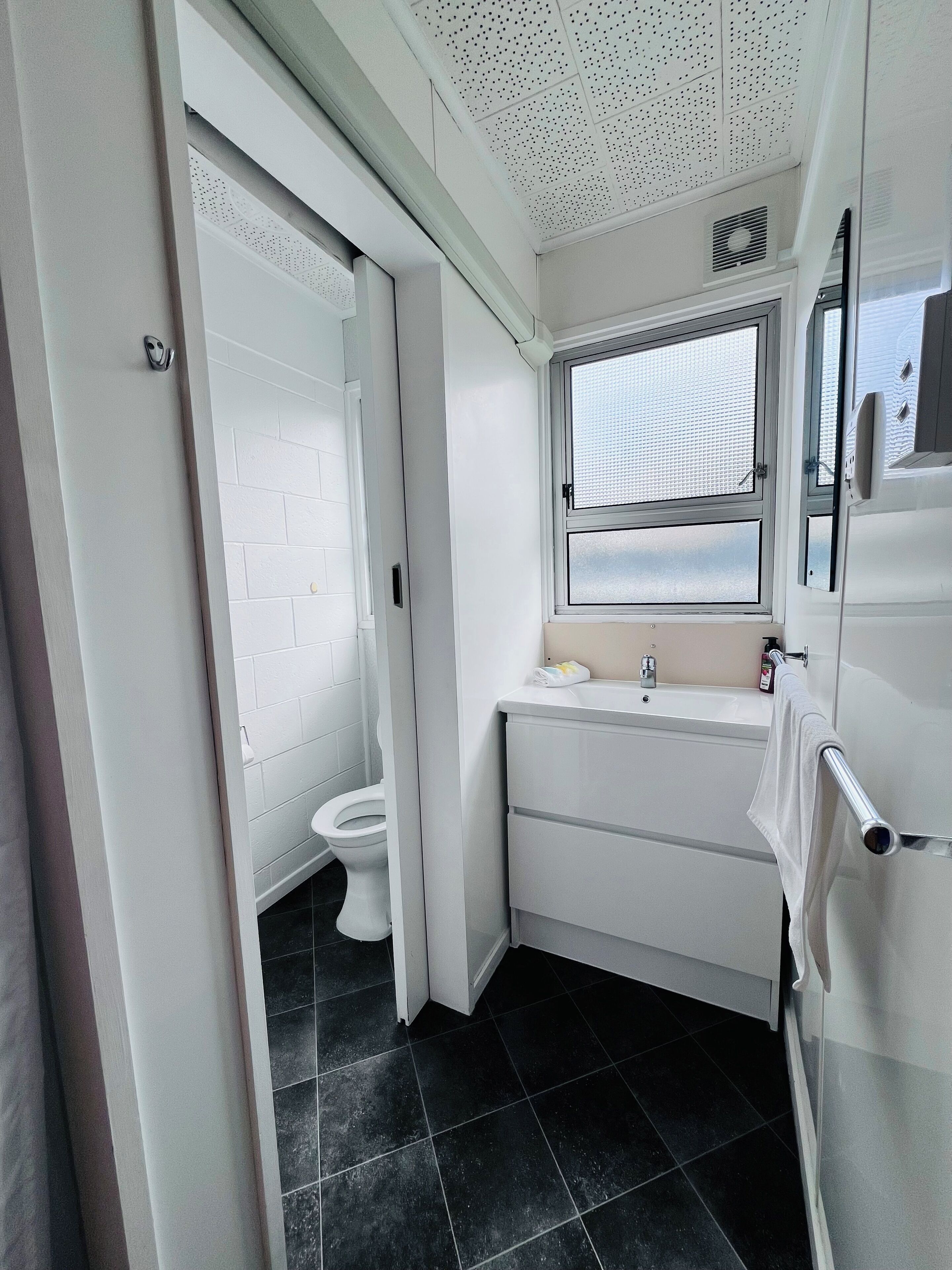 Shower, free toiletries, towels, soap