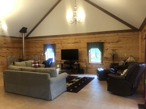 Smart TV, fireplace, foosball