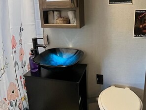 Shower, towels, soap, toilet paper