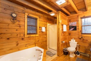 Shower, jetted tub, towels