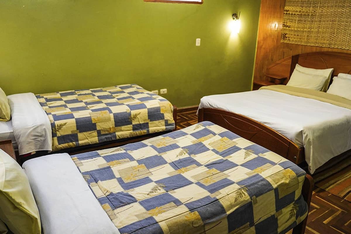 A room with two beds, each with a checkered bedspread, a wooden headboard, and a window with a view.