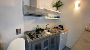 A compact kitchen with a gas stove, sink, and dishwasher. There is a white chair and a shelf with cups and a plant.