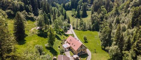 A large house with a red roof, surrounded by a lush green landscape and dense forest.