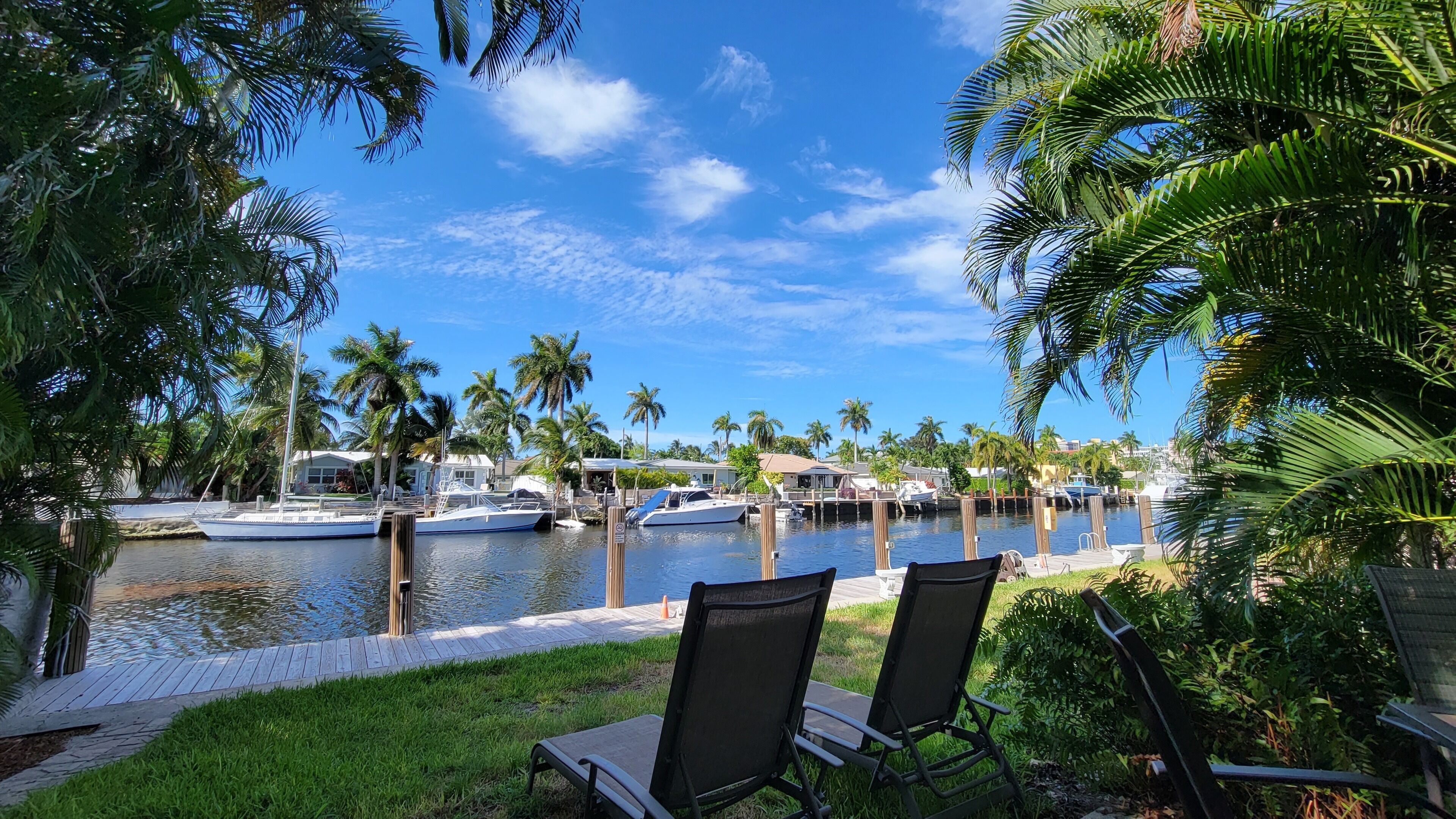 A marina with boats docked, palm trees, and a grassy area with two lounge chairs.