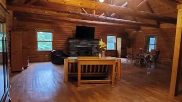 Älytelevisio, takka, DVD-soitin, kirjoja