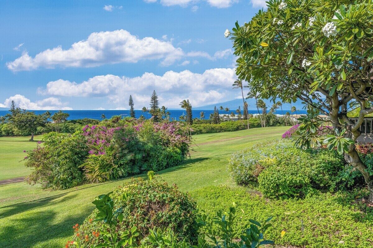 Een weelderige tuin met verschillende planten en bomen, een verzorgd gazon en uitzicht op de oceaan.