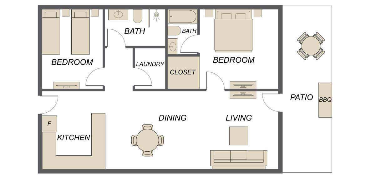 Plan d’étage d’une chambre d’hôtel comprenant deux chambres, une salle de bain, un espace buanderie, un placard, un coin repas, une cuisine, un salon et un patio avec un barbecue.