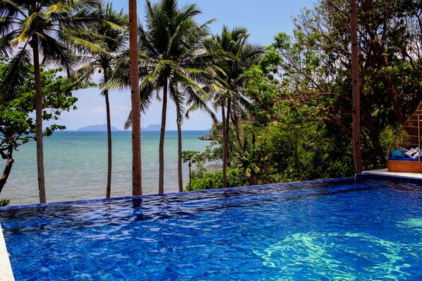 Outdoor pool, pool umbrellas, sun loungers