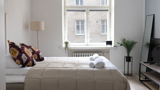 Et soveværelse med seng, et vindue, en radiator, en plante og et fjernsyn.