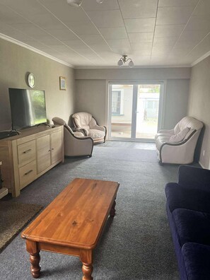 Smart TV, fireplace, books