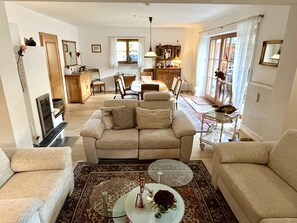 Télévision, cheminée, livres, chaîne hi-fi