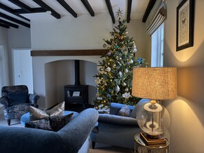 A living room with a fireplace, a Christmas tree, and a lamp. - Marrington Farmhouse, Montgomery , Shropshire (Montgomery)
