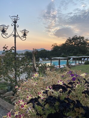A garden with a pool, a lamp post, and a view of the mountains.