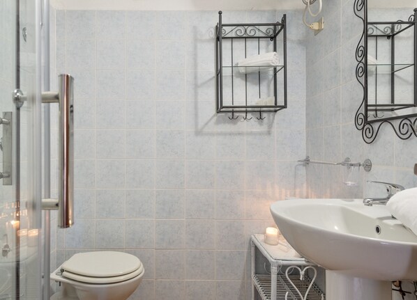 Un baño con inodoro, lavabo, cabina de ducha de cristal y toallero.