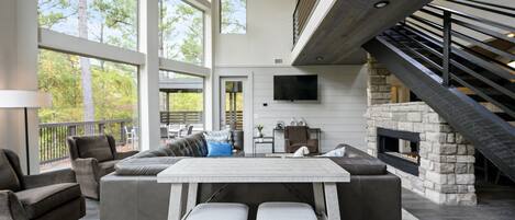 Smart TV, fireplace, foosball