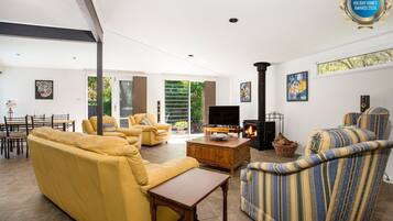 Smart TV, chimenea, reproductor de DVD, libros