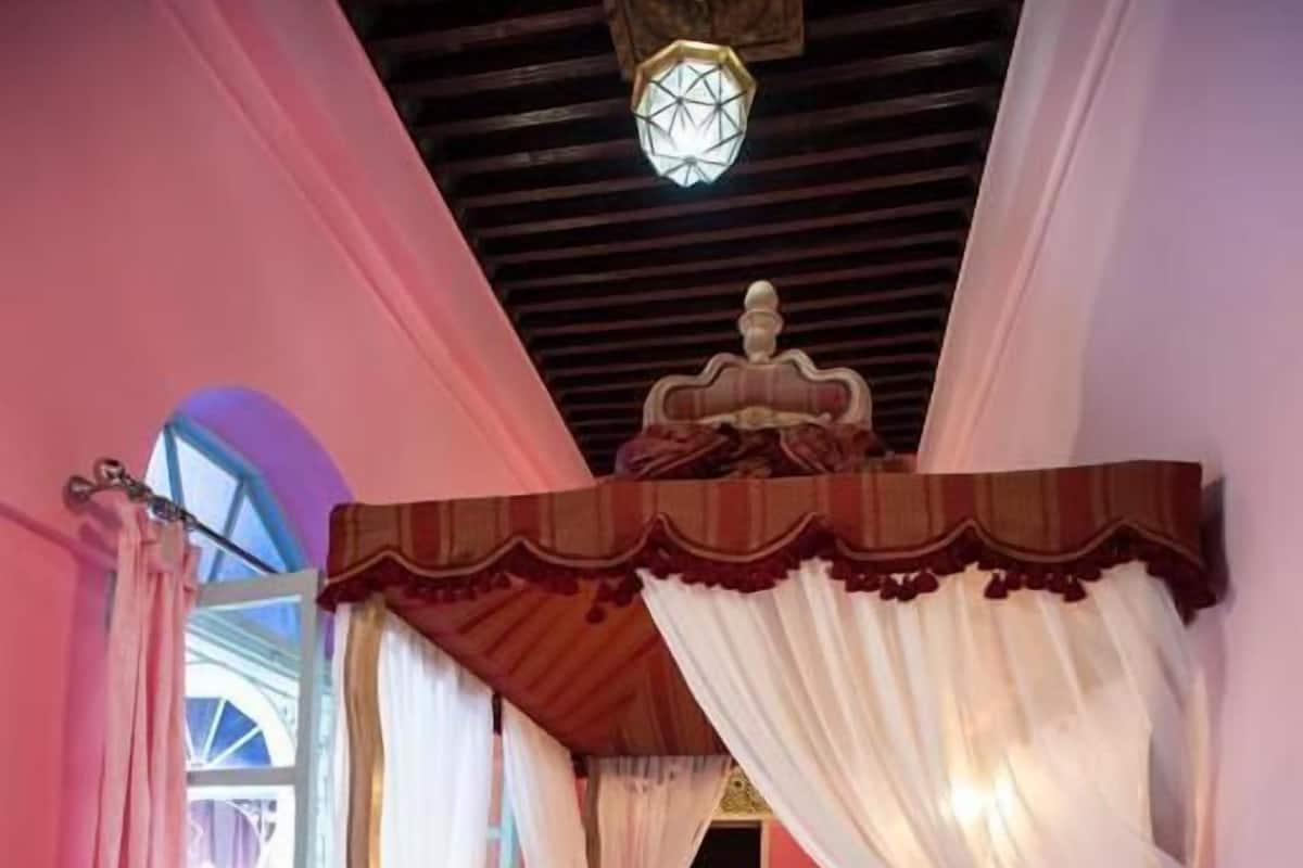 A room with a bed under a canopy, a large window, and a patterned floor.