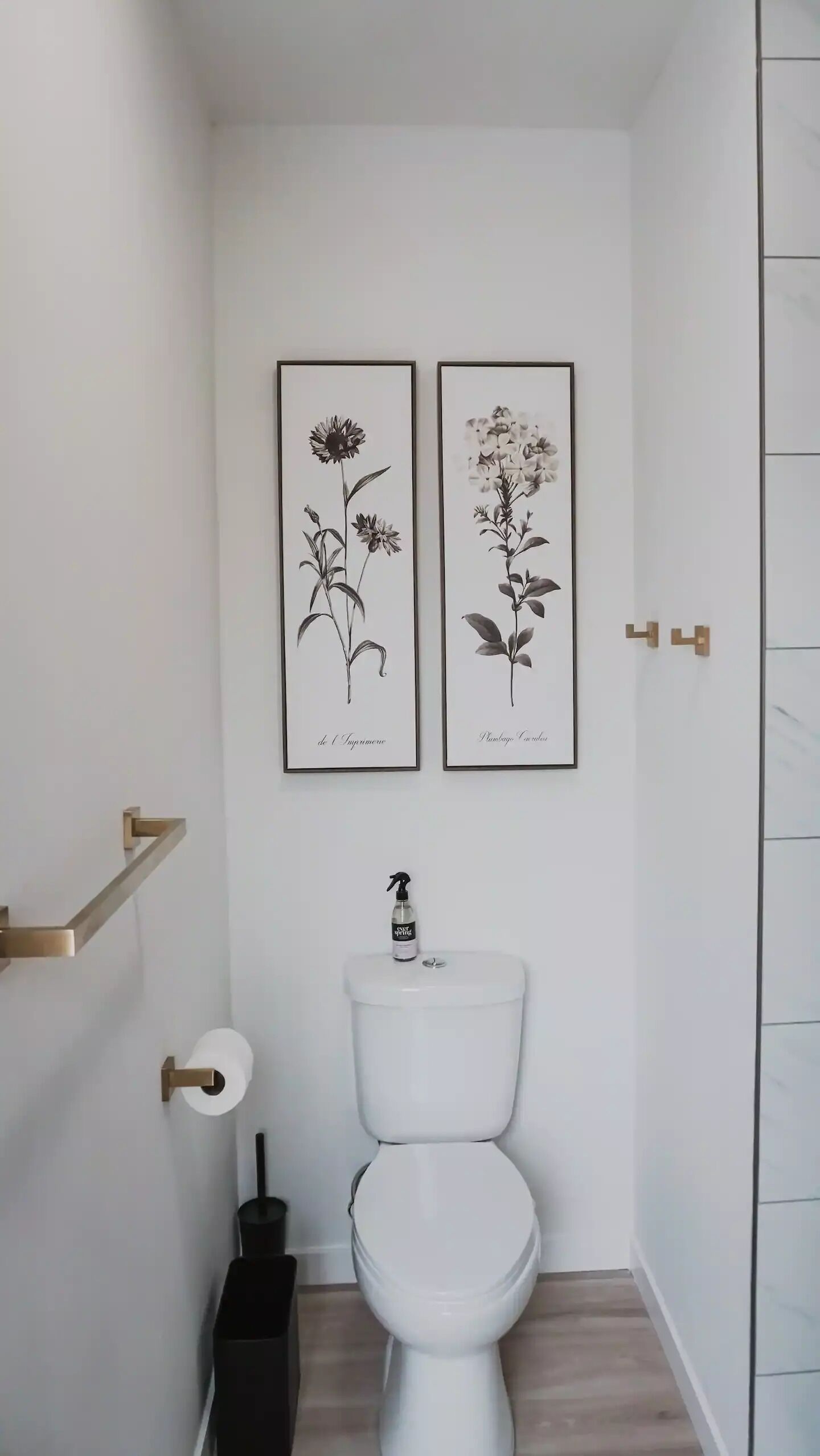 A small bathroom with a toilet, a roll of toilet paper, a spray bottle, and two framed botanical prints on the wall.