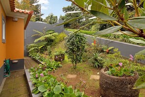 A garden with various plants and a small tree, a paved area, and a building with a tiled roof.