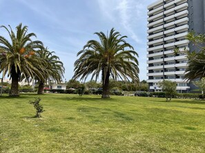A grassy area with palm trees and a modern building with balconies.