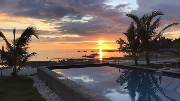 Una piscina con vistas a la puesta de sol sobre el agua, rodeada de palmeras y una barandilla de hormigón.