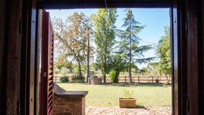 Blick durch ein Fenster auf eine Mauer aus Stein, eine Pflasterterrasse und einen Rasen mit Bäumen.