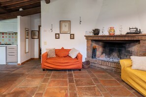 Een televisie en een open haard