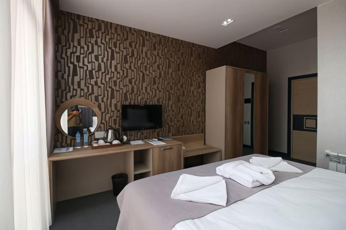 Una habitación de hotel con cama, televisión, escritorio con espejo y armario.