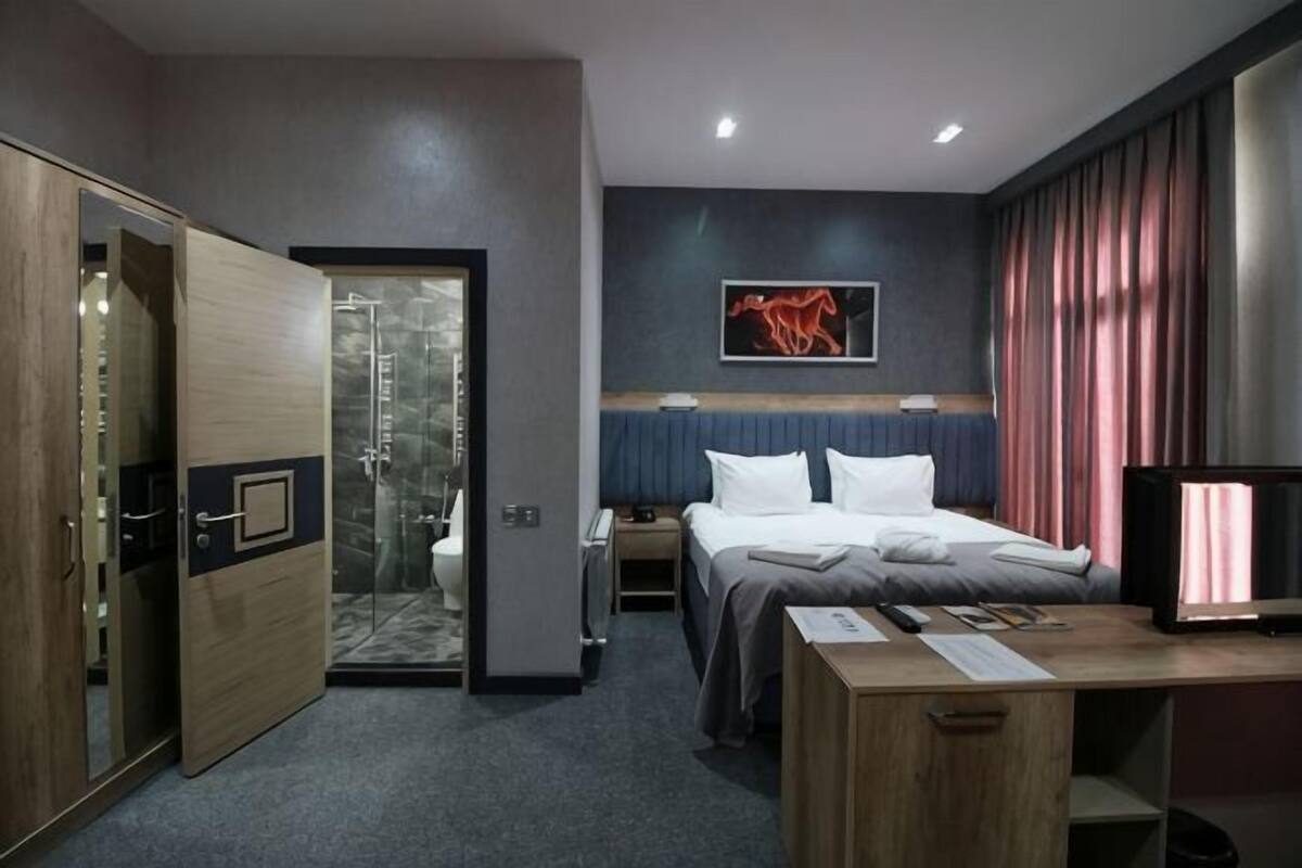 Habitación de hotel con cama, escritorio, armario y zona de ducha.