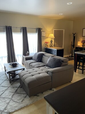 Smart TV, fireplace, books