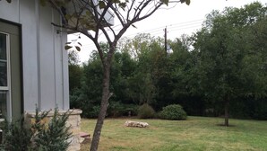 A residential yard with a lawn, a stone wall, and a tree. - 5 minutes to downtown! Family home with fenced yard, deck, wooded lot (Austin)