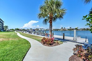 A waterfront walkway with a palm tree, a grassy area, and a marina with boats. - 2/2 King Suite In Desirable South Seas Towers 4! (Marco Island)