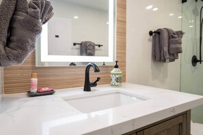 Shower, hair dryer, towels, shampoo