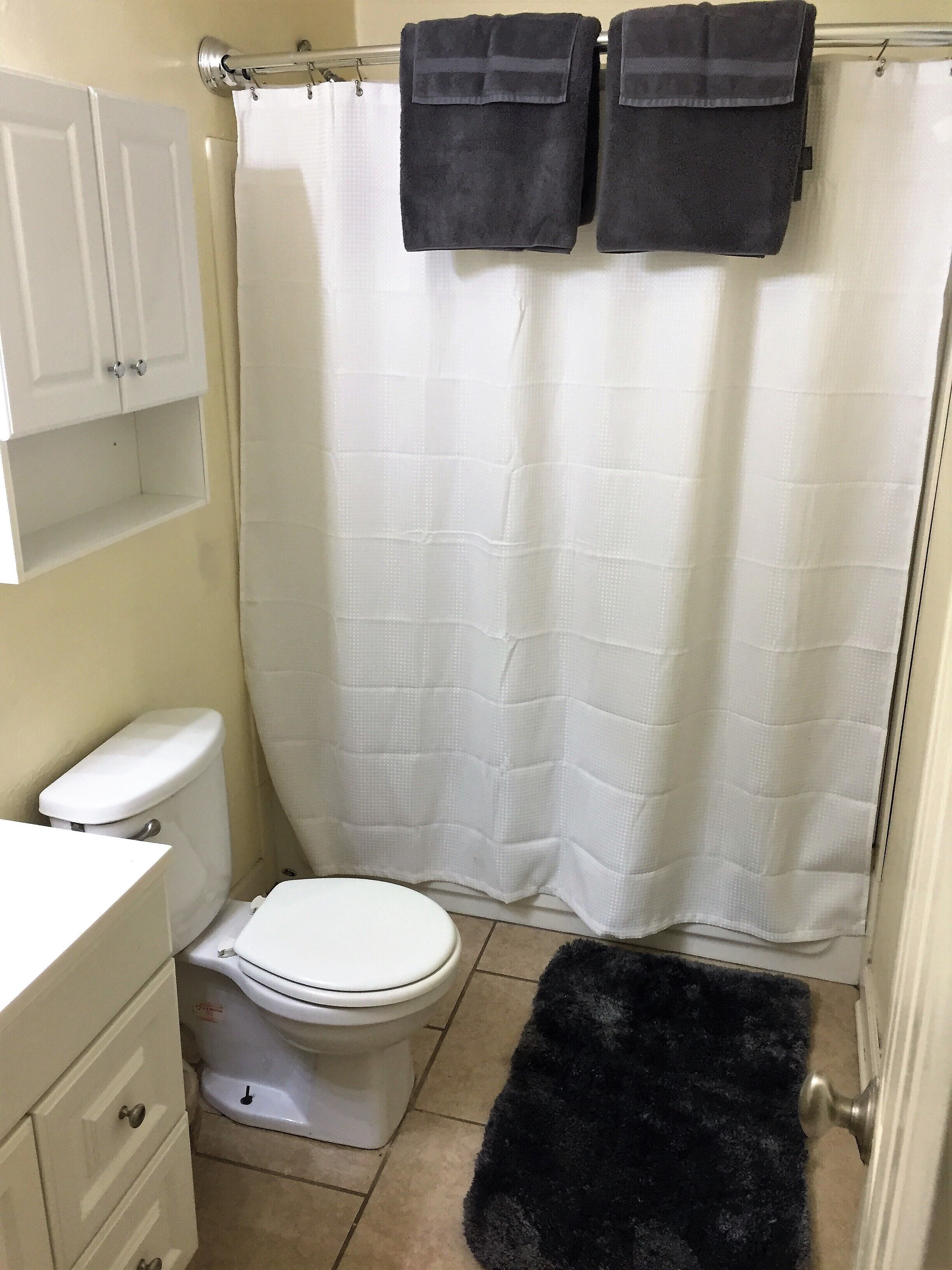 Combined shower/tub, hair dryer, towels, soap