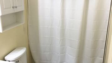 Combined shower/tub, hair dryer, towels, soap