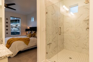 Combined shower/tub, hair dryer, towels, soap