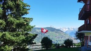 Eine grüne Rasenfläche mit einer Flagge, Bäumen und Blick auf einen Berg.